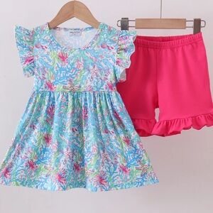 Abby & Evie Mint Island Flutter Sleeve Dress Pink Ruffle Shorts Swing Set NWT